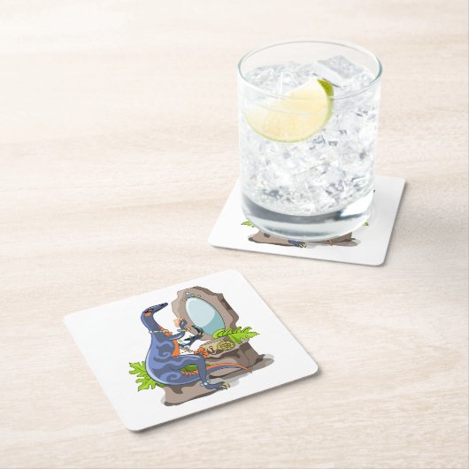 イラストレーションの化粧をしたイグアノドン。 スクエアペーパーコースター (インサイチュ)