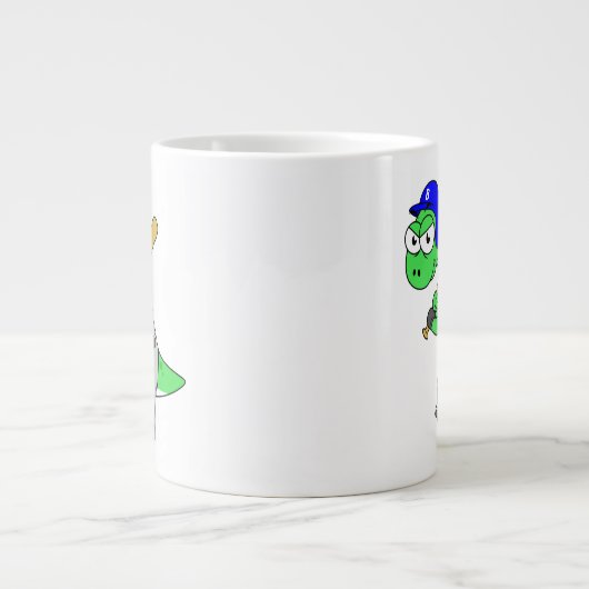 イラストレーションはブロントサウルス野球選手。 ジャンボコーヒーマグカップ (正面)