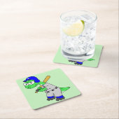 イラストレーションはブロントサウルス野球選手。 スクエアペーパーコースター (インサイチュ)