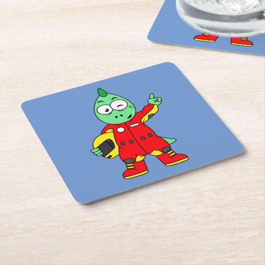 イラストレーションはAllosaurusレースカーのドライバー。 スクエアペーパーコースター (アングル)