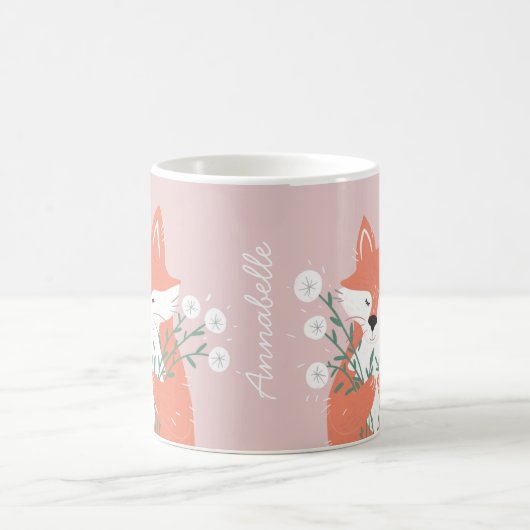 イラストレーションキツネの香りパーソナライズされた花 コーヒーマグカップ (中央)