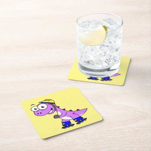 イラストレーションティラノサウルススケートで滑るのレックス。 スクエアペーパーコースター (インサイチュ)