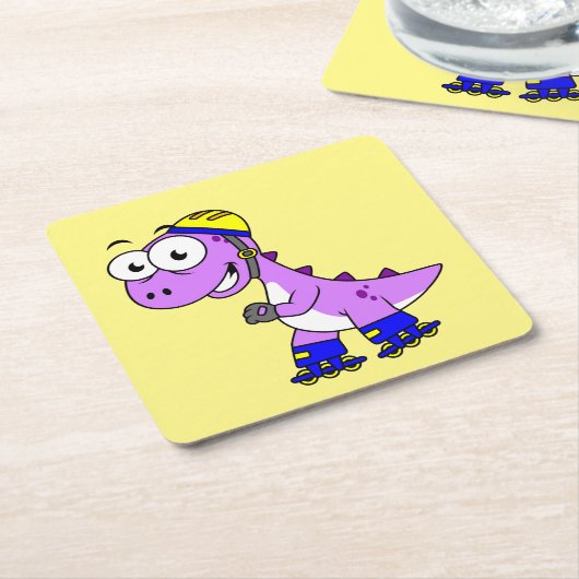 イラストレーションティラノサウルススケートで滑るのレックス。 スクエアペーパーコースター (アングル)