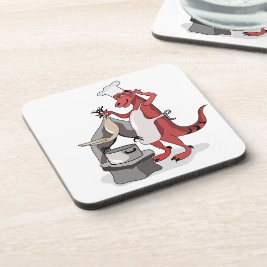 イラストレーションティラノサウルスレックスシェフ料理。 コースター (左側)