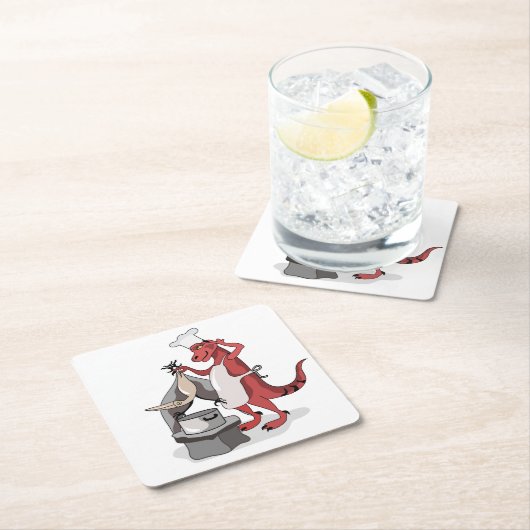 イラストレーションティラノサウルスレックスシェフ料理。 スクエアペーパーコースター (インサイチュ)