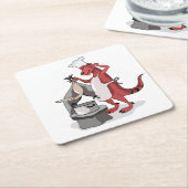 イラストレーションティラノサウルスレックスシェフ料理。 スクエアペーパーコースター (アングル)