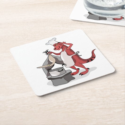 イラストレーションティラノサウルスレックスシェフ料理。 スクエアペーパーコースター (アングル)