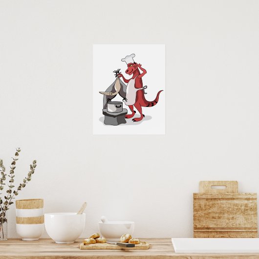 イラストレーションティラノサウルスレックスシェフ料理。 ポスター (キッチン)