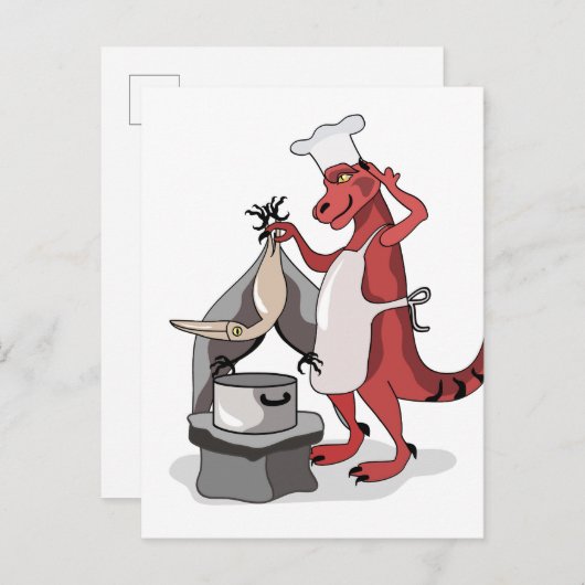 イラストレーションティラノサウルスレックスシェフ料理。 ポストカード (正面/裏面)