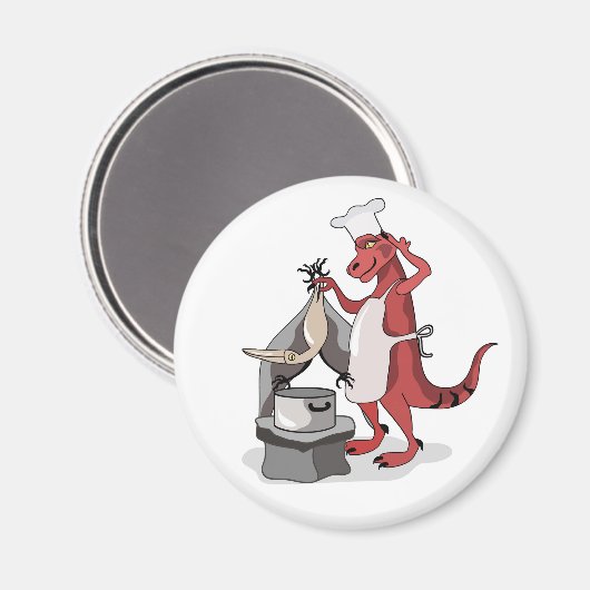 イラストレーションティラノサウルスレックスシェフ料理。 マグネット (正面/裏面)