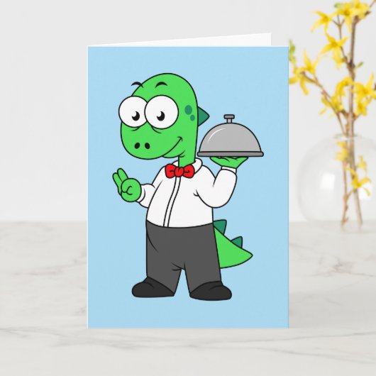 イラストレーションティラノサウルスレックス食品ウェイター。 カード (黄色い花)