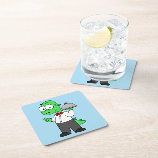 イラストレーションティラノサウルスレックス食品ウェイター。 スクエアペーパーコースター (インサイチュ)