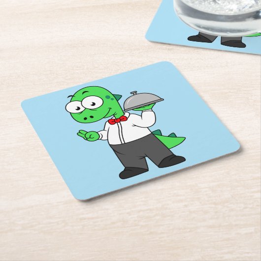 イラストレーションティラノサウルスレックス食品ウェイター。 スクエアペーパーコースター (アングル)