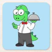 イラストレーションティラノサウルスレックス食品ウェイター。 スクエアペーパーコースター (正面)