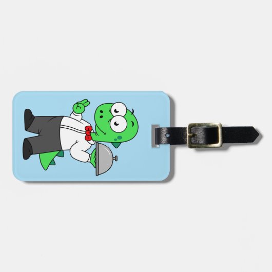 イラストレーションティラノサウルスレックス食品ウェイター。 ラゲッジタグ (正面横)