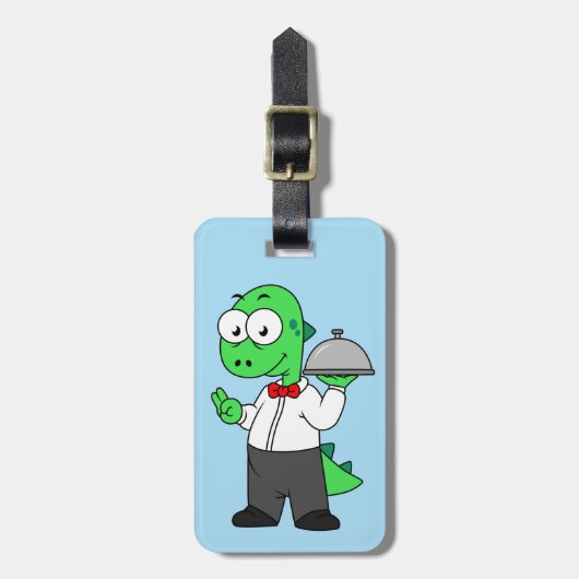 イラストレーションティラノサウルスレックス食品ウェイター。 ラゲッジタグ (正面縦)