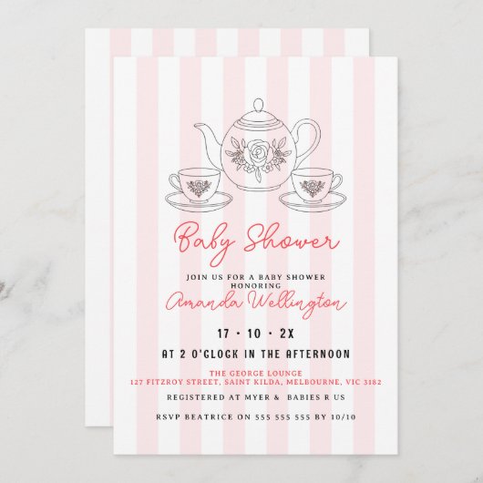 イラストレーションベビーシャワーティードードル 招待状 (正面/裏面)