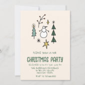 イラスト付きのグリーンなクリスマスツリーと雪だるまのパーティー 招待状 (正面)