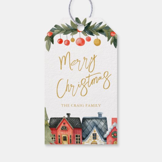 イラスト付きのホリデーハウスと名前のクリスマス ギフトタグ (裏面)