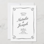 イラスト付きの遊び心あふれるオールインワンの楽しい結婚式 招待状 (正面)