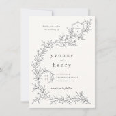 イラスト付き植物花モチーフのブラック＆クリーム色の結婚式 招待状 (正面)