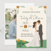 イラスト付き カップル フラワー ウェディング 招待状 (正面/裏面)