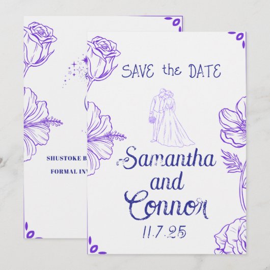 イラスト付き Save the Date 招待状 (正面/裏面)