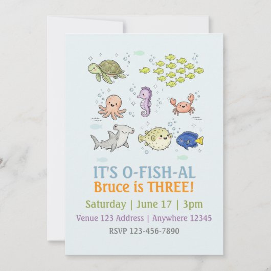 イラスト入りお魚だよお誕生日おめでとうキッズ 招待状 (正面)