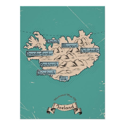 イラスト入りのアイスランド旅行地図 ポスター (正面)