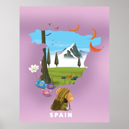 イラスト入りのスペイン地図の旅行ポスター ポスター (正面)