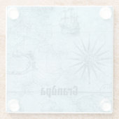 イラスト入りのビンテージ風ブルー古典的地図と名前 ガラスコースター (裏面)
