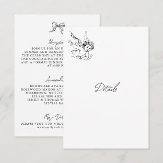 イラスト入りの白黒の結婚式詳細カード 出欠カード