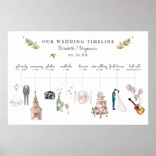 イラスト入りの結婚式の進行表 ウェルカムボード ポスター (正面)