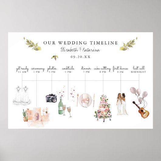 イラスト入りの結婚式の進行表 ウェルカム ポスター (正面)
