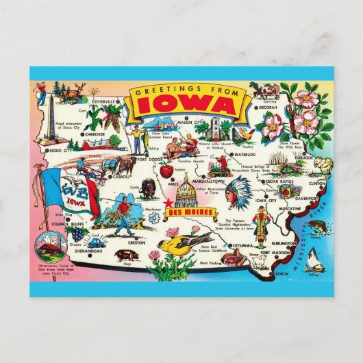イラスト入りアイオワ州地図ポストカード ポストカード (正面)