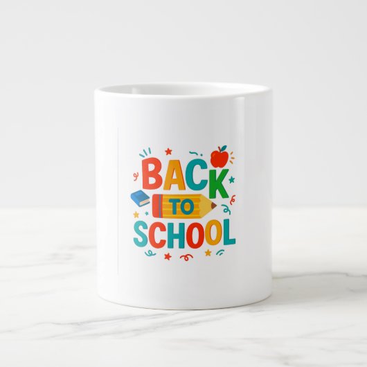 イラスト入り鉛筆と林檎の「新学期」コーヒー ジャンボコーヒーマグカップ (正面)