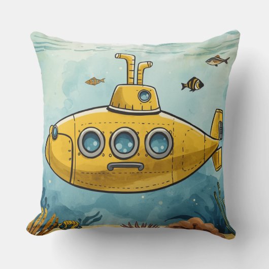 イラスト入り黄色い潜水艦の枕 海の雰囲気 クッション (正面)