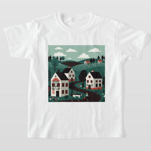 イラスト風に描かれた村 Tシャツ (レイダウン)