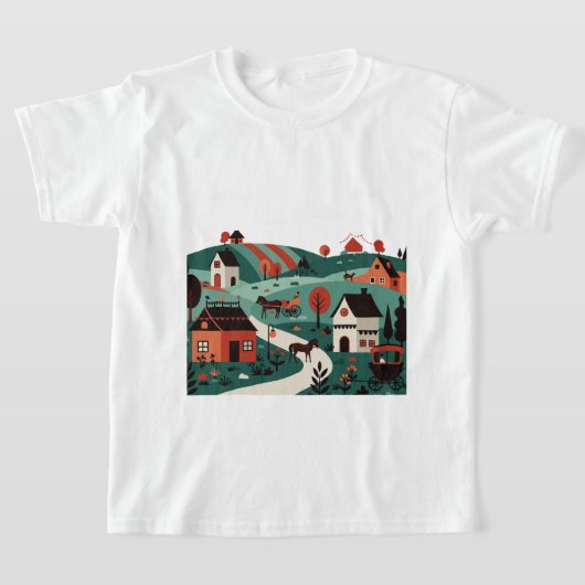 イラスト風に描かれた村 Tシャツ (レイダウン)