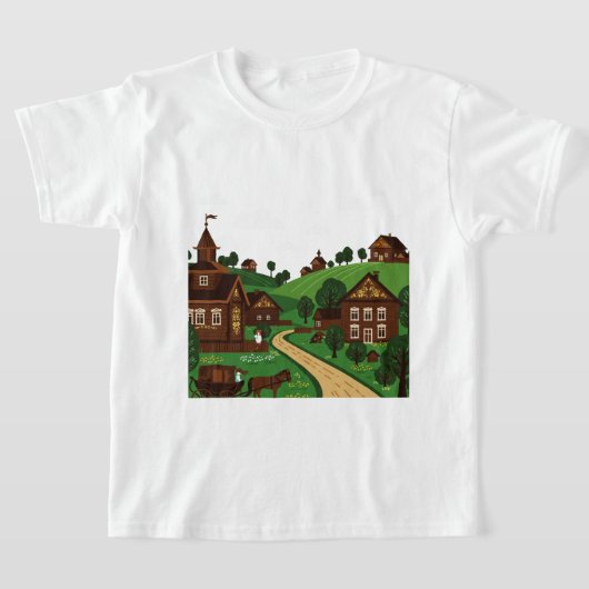 イラスト風の村のデザインTシャツ Tシャツ (レイダウン)