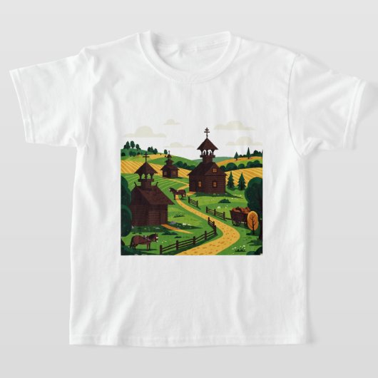 イラスト風の村のデザインTシャツ Tシャツ (レイダウン)