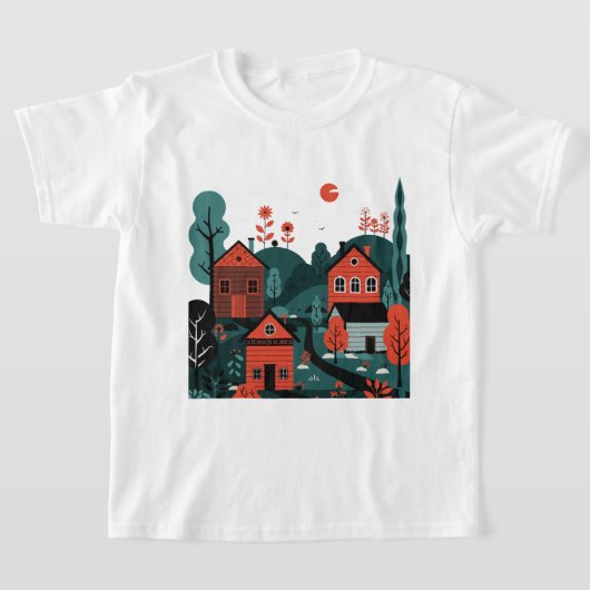イラスト風の村のデザインTシャツ Tシャツ (レイダウン)
