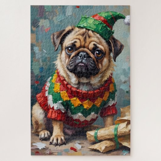 イラスト:エルフの帽子をかぶった不機嫌なパグの犬 面白いクリスマスアート ジグソーパズル (縦)