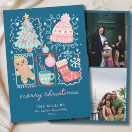 イラスト ドゥードル 青いクリスマス ジンジャーブレッド 3枚の写真 シーズンカード