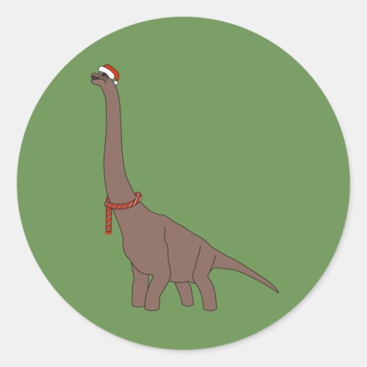 イラスト Christmas Brown Long Neck Dinosaur ラウンドシール (正面)