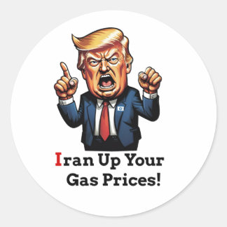 「イランのせいでガソリン価格が上昇！」 カートゥン トランプ（左向き） ラウンドシール