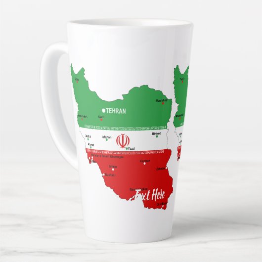 イランの国旗と国章付き地図 カフェラテマグ (左アングル)