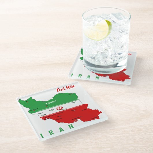 イランの国旗と国章付き地図 ガラスコースター (アングル)