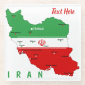 イランの国旗と国章付き地図 ガラスコースター (正面)
