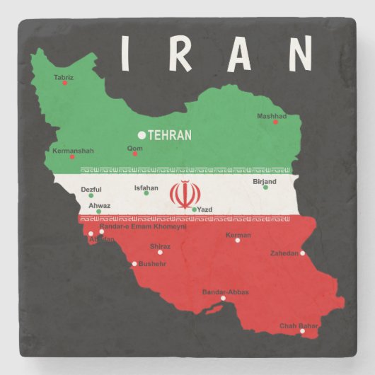 イランの国旗と国章付き地図 ストーンコースター (正面)